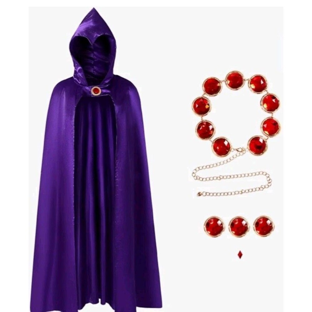 Halloween Costume for Women, 47 Inch Purple Cloak with Hood and Red Waist